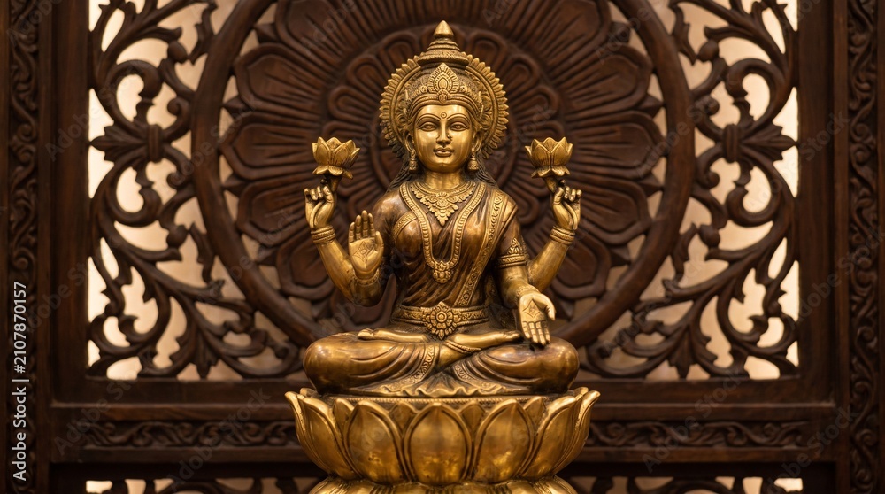 Fototapeta premium Golden bronze hindu goddess statue in ornate frame