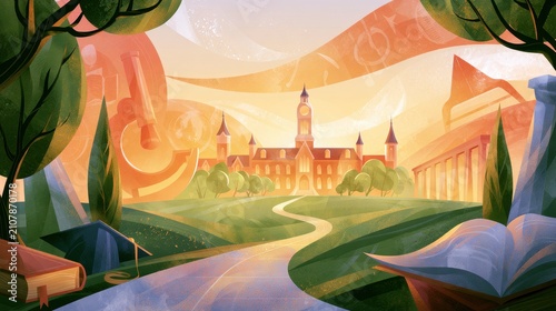 Charming campus landscape at sunset with vibrant colors and artistic flair