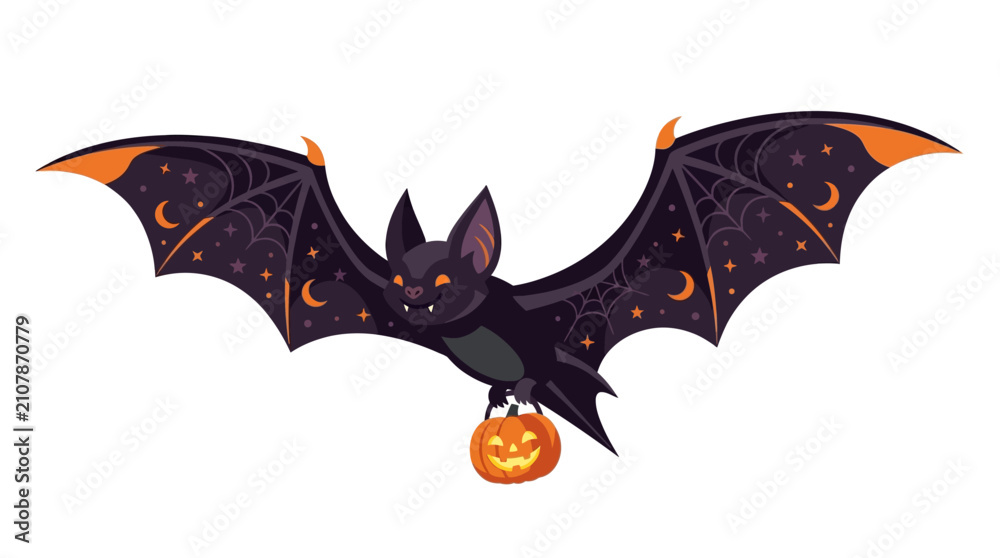 Fototapeta premium Halloween flying bat vector illustration, spooky vampire bat carrying pumpkin lantern, dark purple nocturnal animal with celestial wing patterns