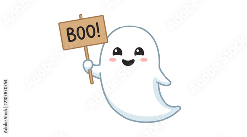 Foto Cute Halloween ghost holding a Boo sign, friendly cartoon phantom character vect