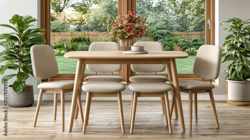 Fototapeta premium Modern Dining Room Setup with Wooden Table and Stylish Chairs Surrounded by Natural Light and Indoor Plants