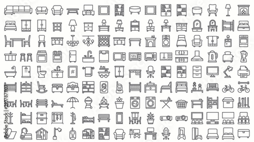 Set of furniture and household appliances line icons