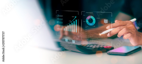 Business data analytics dashboard with product categories pie chart and sales growth graph. E-commerce data management and financial analytics concept with bar chart and copy space.