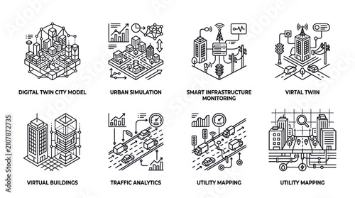 Set of smart city and digital twin technology icons