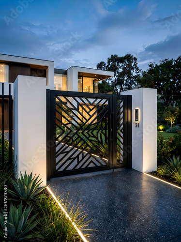Modern luxury house facade with decorative iron gate and illuminated walkway entrance architecture geometric