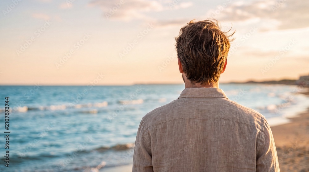 Fototapeta premium Man Contemplating Ocean Horizon at Golden Hour Sunset