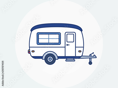 Small white travel trailer with door.