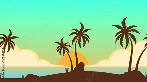 Looping summer beach landscape animation with coconut trees, summer-themed beach parallax animation, 2D animated background, 4K video