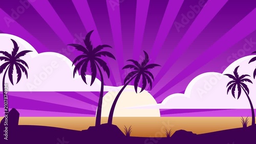 Looping summer beach landscape animation with coconut trees, summer-themed beach parallax animation, 2D animated background, 4K video