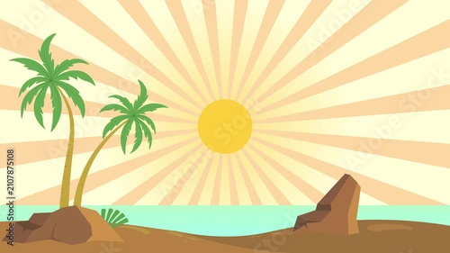 Summer beach scene with swaying coconut trees and bright sunlight, summer-themed beach animation, 2D animated bacground, 4K video