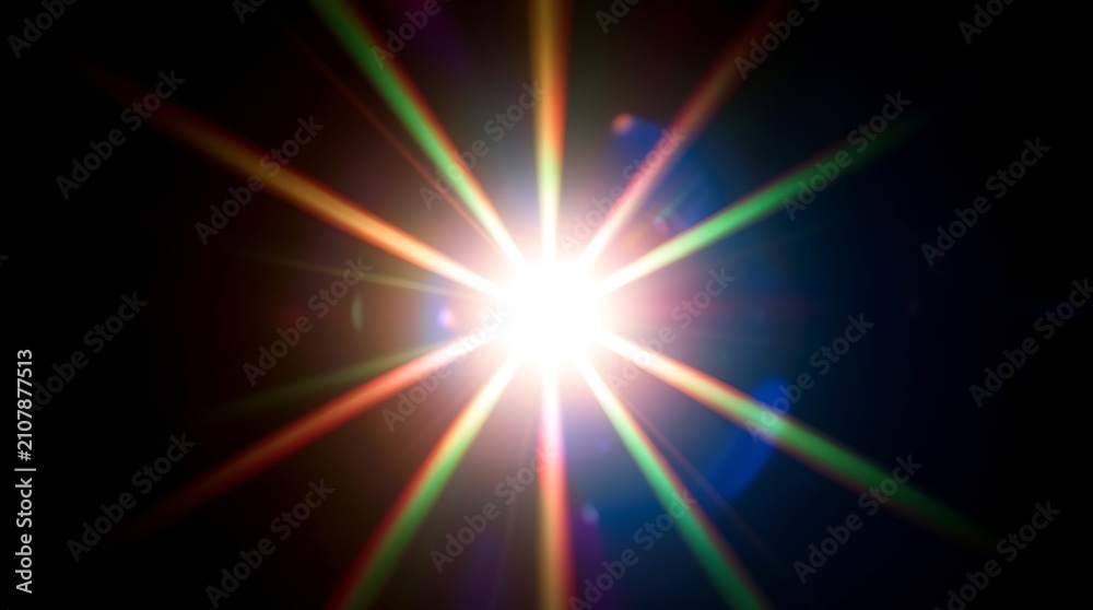 Obraz premium Radiant Sunburst with Multicolored Light Rays Across a Bright Sky.