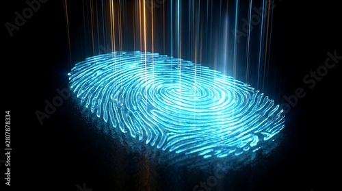 Futuristic glowing fingerprint hologram with vibrant blue light waves on dark background, biometric security concept