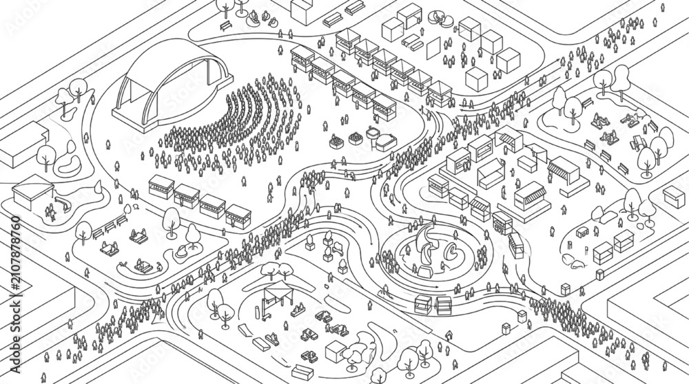 Obraz premium Isometric Public Park Landscape Design with Amphitheater Seating and Crowd Vector