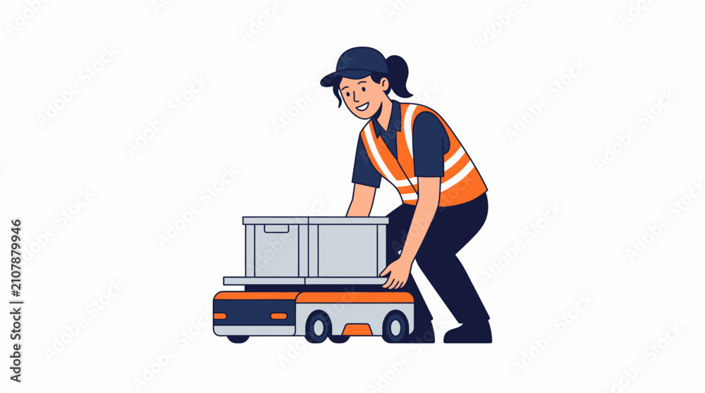 Obraz premium Female Warehouse Worker Loading Box Onto Automated Guided Vehicle For Factory Logistics