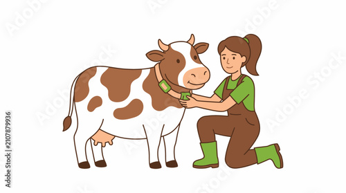 Принти на полотні Female Farmer Attaching Smart Tracking Collar To Cow For Livestock Monitoring