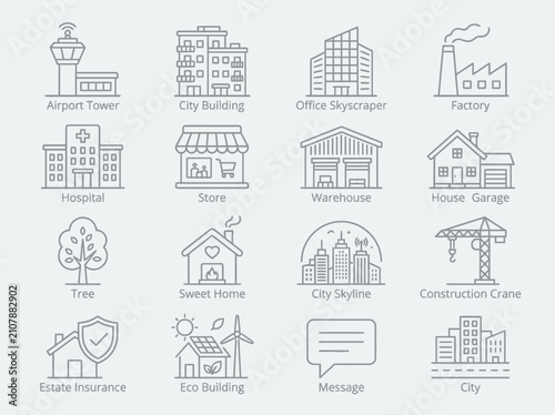 Various city and building icons.