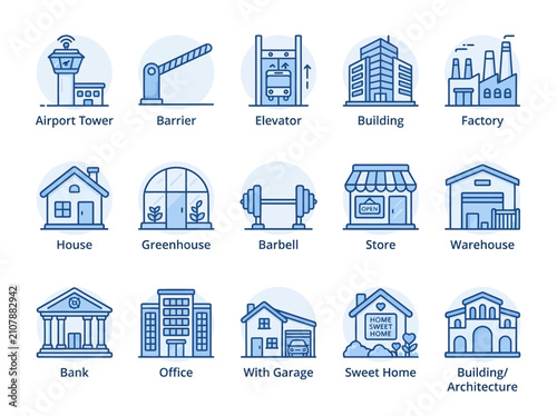 Various types of buildings and structures.