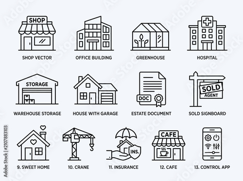 Vector icons of various business buildings 1.