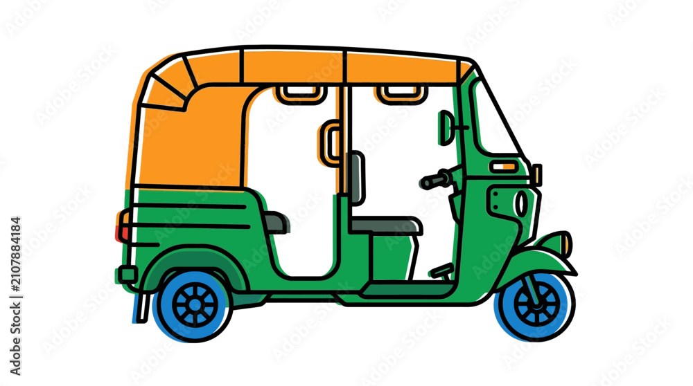 Fototapeta premium Traditional auto rickshaw vector illustration, green and yellow tuk-tuk taxi icon, three-wheeled asian transport vehicle isolated on white background