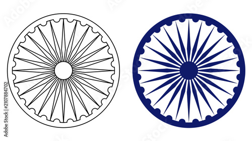 Photos Ashoka Chakra vector set, navy blue and black line art dharma wheel icons, 24 sp