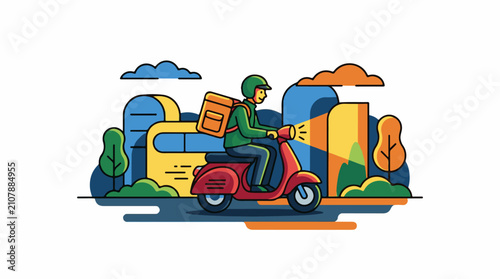 Stylized rider on red scooter with orange backpack in town