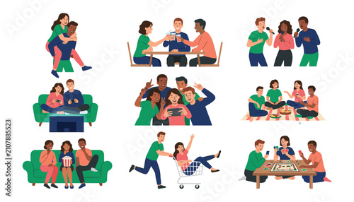 Diverse friends hanging out set with happy people playing video games singing karaoke eating picnic watching movie board games vector illustration