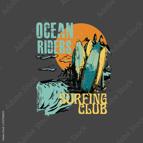 Ocean Riders Surfing Club surf board sunwaves vector illustration graphic tee.eps