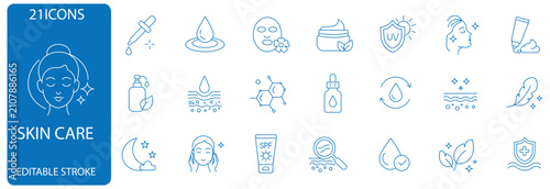 Skin care icons set. Containing Moisture cream, acid, anti wrinkle serum, ceramide, collagen, retinol compound, sunscreen. face mask,night care.Editable stroke vector. 