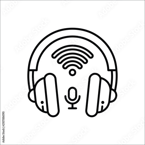 Podcast Listening Headphones Outline Icon with Wireless Audio Signal