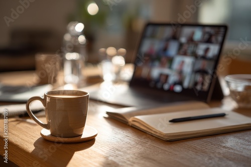 Free Coffee Webinar: Cozy home office setup with a steaming cup and laptop