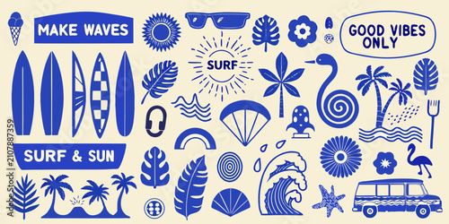 Collection Of Blue Surf And Summer Silhouette Icons With Tropical Elements And Waves