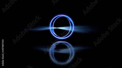 Abstract glowing blue ring with light streaks and reflection on a dark surface, conveying a sense of technology, energy, and digital art.
