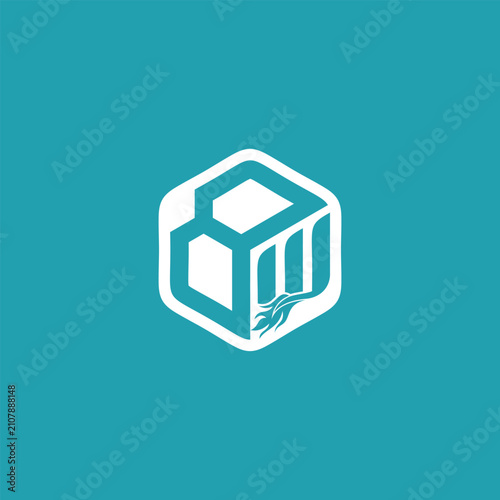 teal cube concept B W logo with Symbol of an animal tail or a fox. white outline and leaf