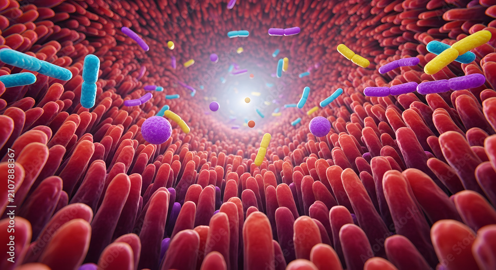 Obraz premium Microscopic view of diverse bacteria and microbes populating the villi of the human intestine.
