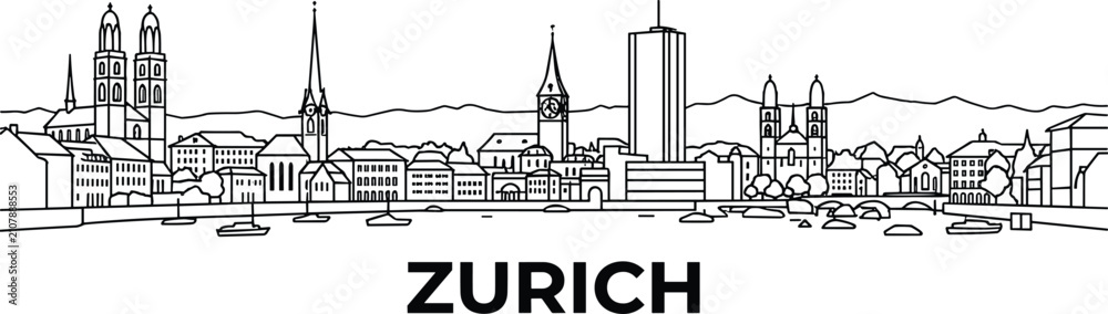 Fototapeta premium Zurich Switzerland City Skyline Vector Illustration with Mountains and Waterfront