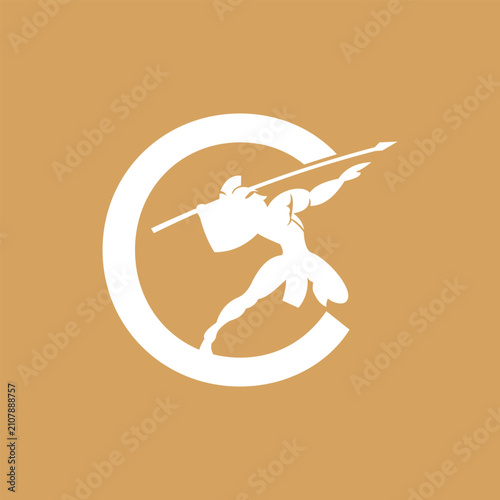 modrn C logo white silhouette warrior throwing spear in circle on orange background