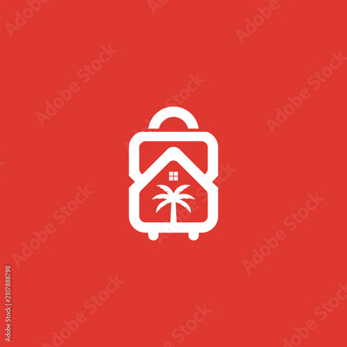 A modern, minimalist logo featuring a suitcase-shaped concept that resembles a house, with a palm tree inside., vacation home icon