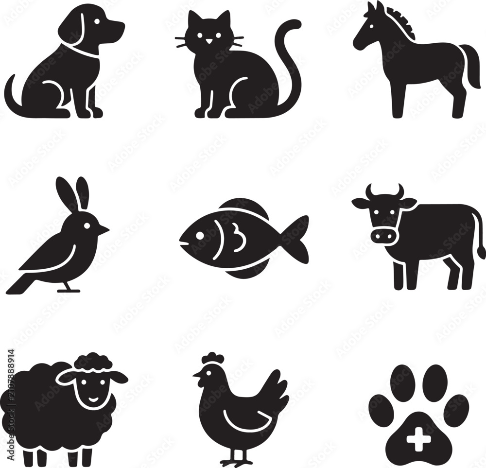 Fototapeta premium Minimalist animal icons set, black silhouette pet and livestock vector graphics, veterinary clinic and farm animal symbols for web design