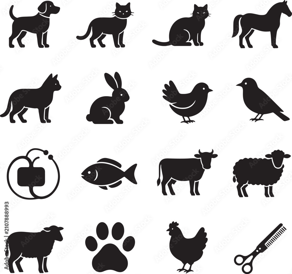 Fototapeta premium Domestic animal silhouettes and pet care icons set, black veterinary symbols for livestock and pets, 16 vector graphic elements for animal clinics