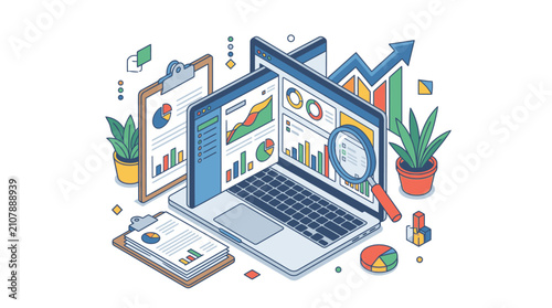 Flat design laptop with business analytics and charts.