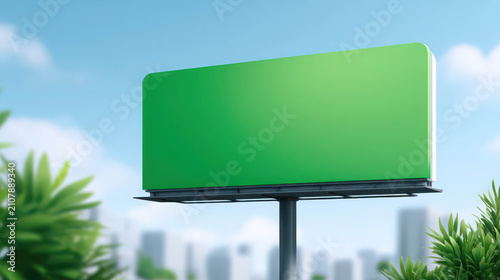 A blank green billboard on a pole in front of a city skyline, surrounded by lush greenery