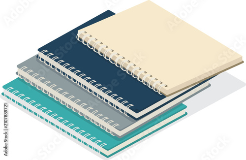 Isometric stack of spiral bound notebooks on transparent background