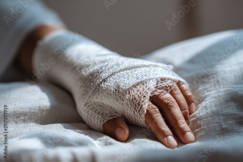 Arm in plaster cast with visible fingers, a healing scene in a clinical environment