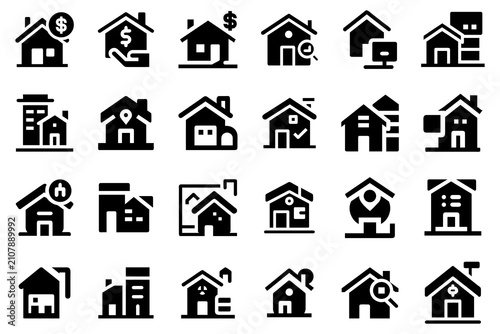 Premium Real Estate Solid Icons Collection – Modern House, Property, Mortgage, Home Search, Smart Home, Building, Rental, Investment & Real Estate Services
