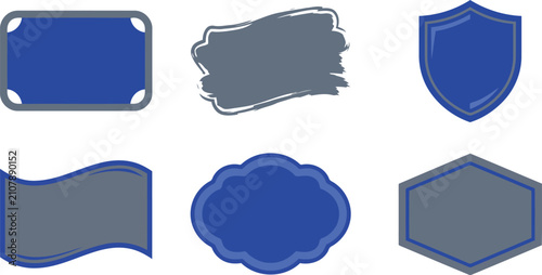 Set of six blank decorative blue and grey label shapes on transparent background