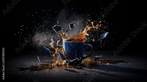 Shattering Blue Coffee Mug Exploding On Dark Surface With Liquid Splash In High Speed Action
