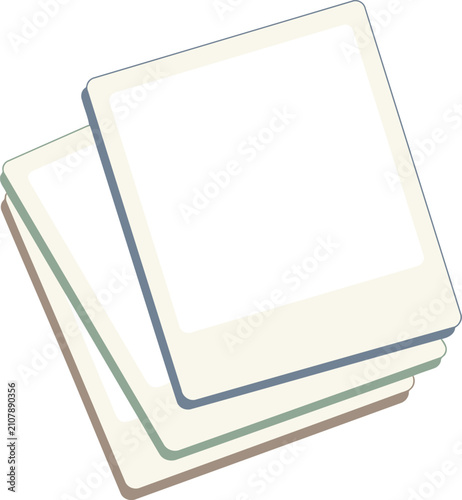 Stack of three empty square instant film frames on transparent background