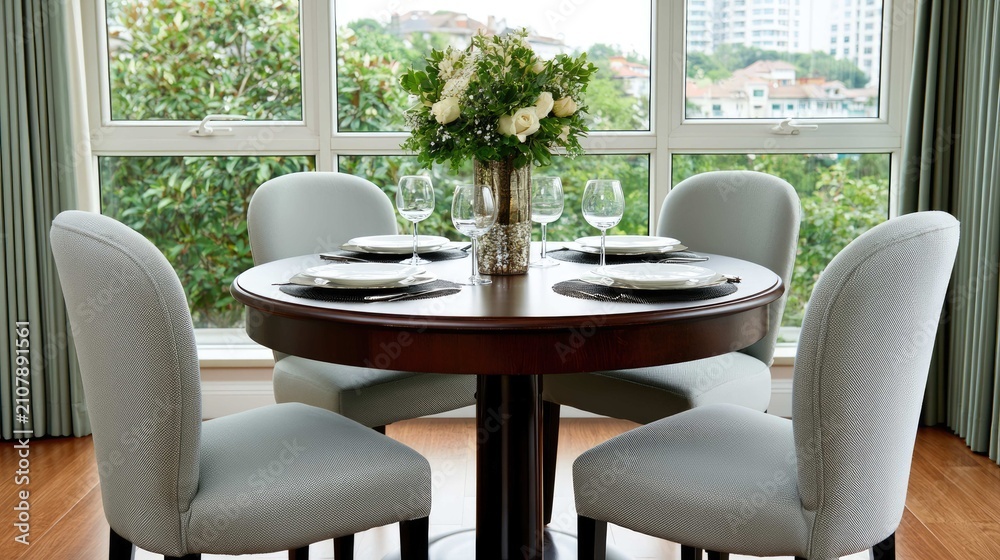 Fototapeta premium Modern dining room with round wooden table, elegant chairs, and floral centerpiece amidst large windows and greenery