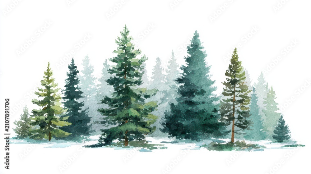 Fototapeta premium Calm winter woodland scene in watercolor with lush evergreens on white backdrop