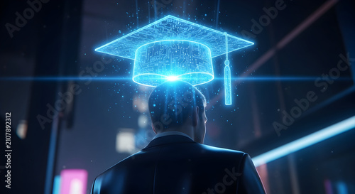 Backdrop of a Man in Business Suit with Holographic Graduation Cap Projecting Above His Head in a Futuristic Urban Environment